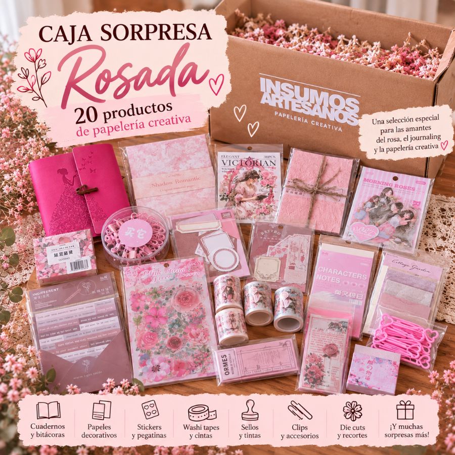 Caja Sorpresa Rosada 💕 – 20 productos de papelería creativa