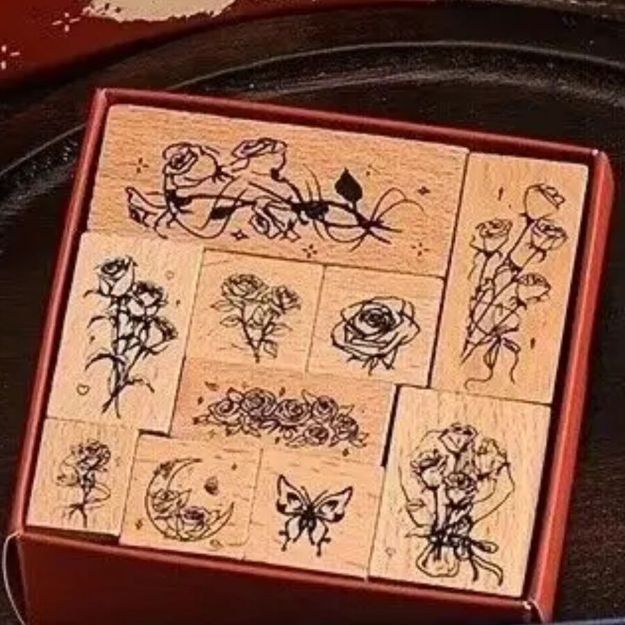 Caja sellos flores en base de madera