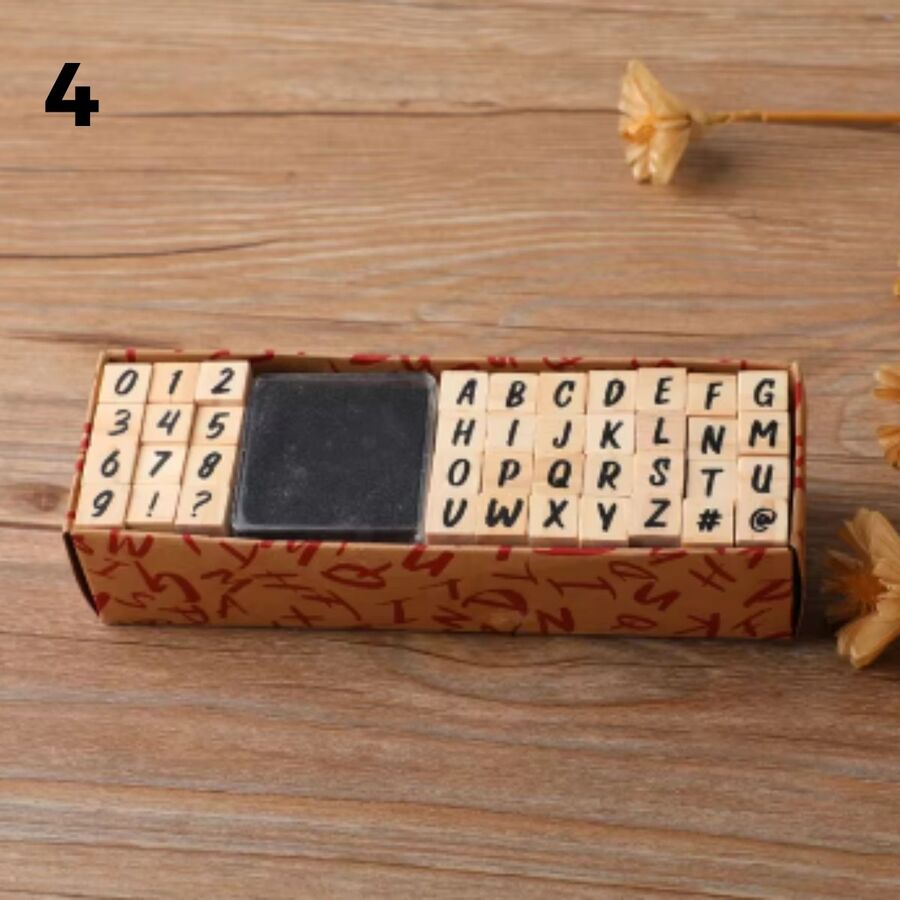 Caja sellos alfabetos base madera