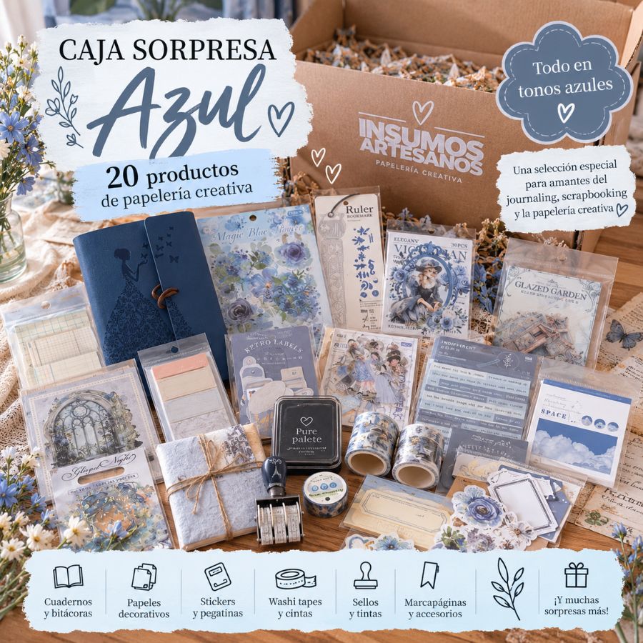 Caja Sorpresa Azul – 20 productos de papelería creativa 💙