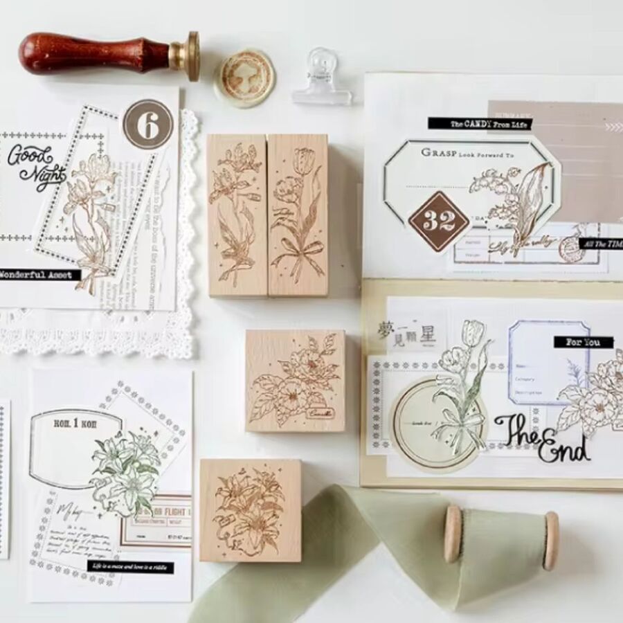 Sello flores en base de madera