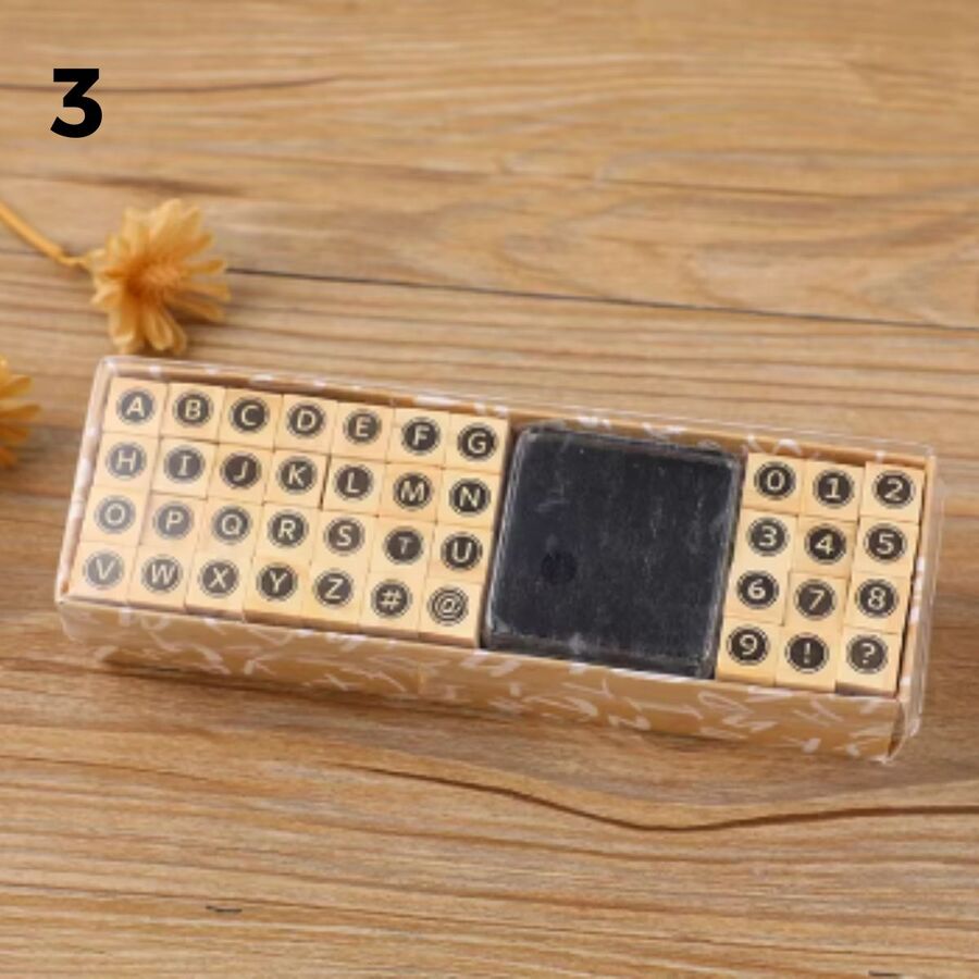 Caja sellos alfabetos base madera