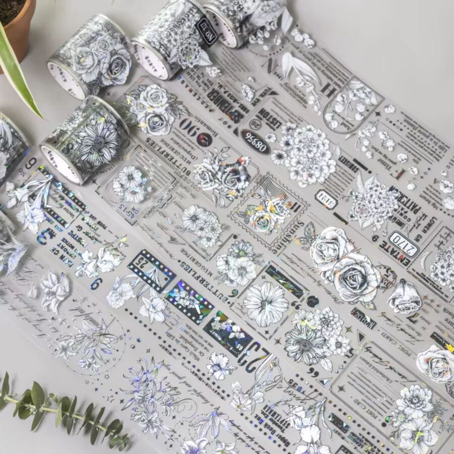 WASHI TAPE FLOR BLANCO Y NEGRO