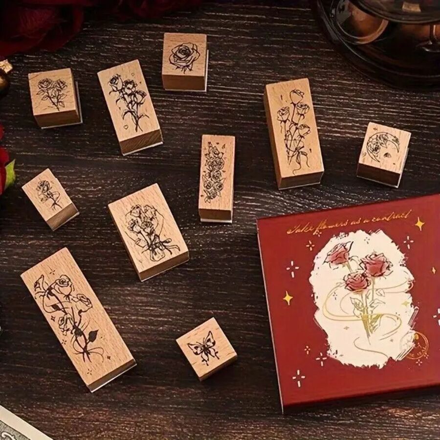 Caja sellos flores en base de madera