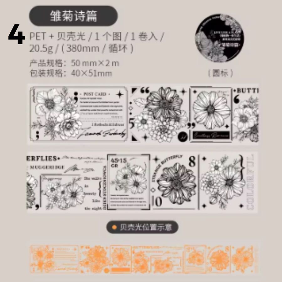 WASHI TAPE FLOR BLANCO Y NEGRO