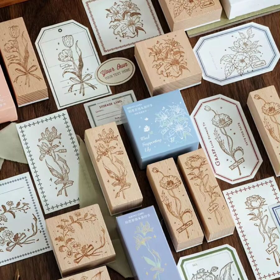Sello flores en base de madera