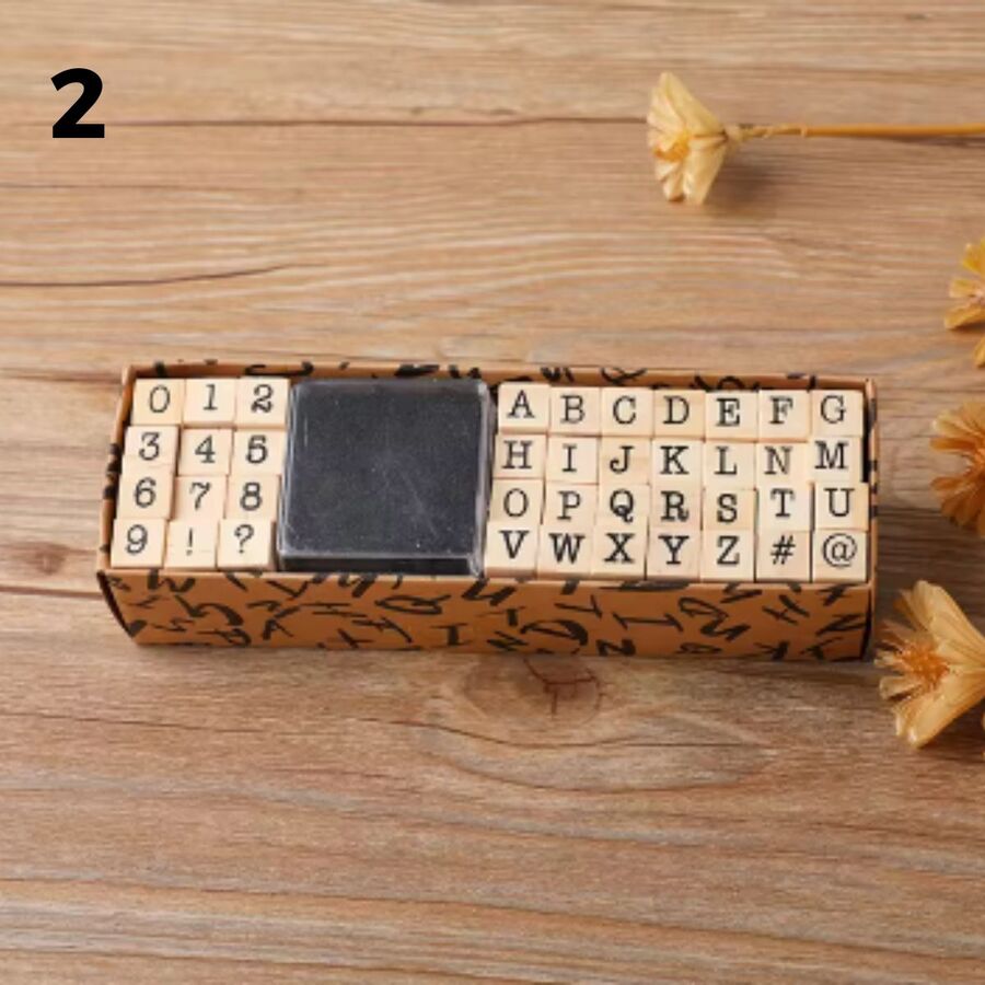 Caja sellos alfabetos base madera