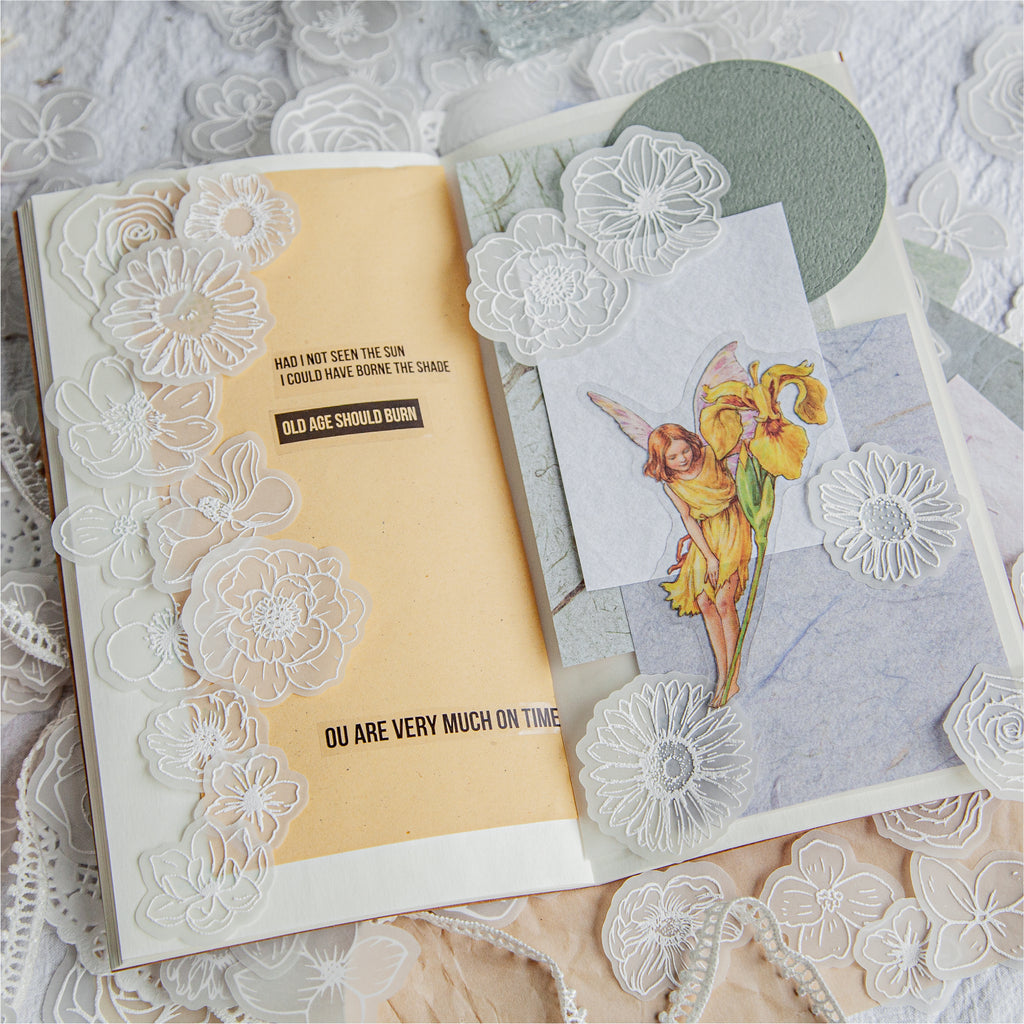 FLORES EN PAPEL VEGETAL CON RELIEVE EN BLANCO