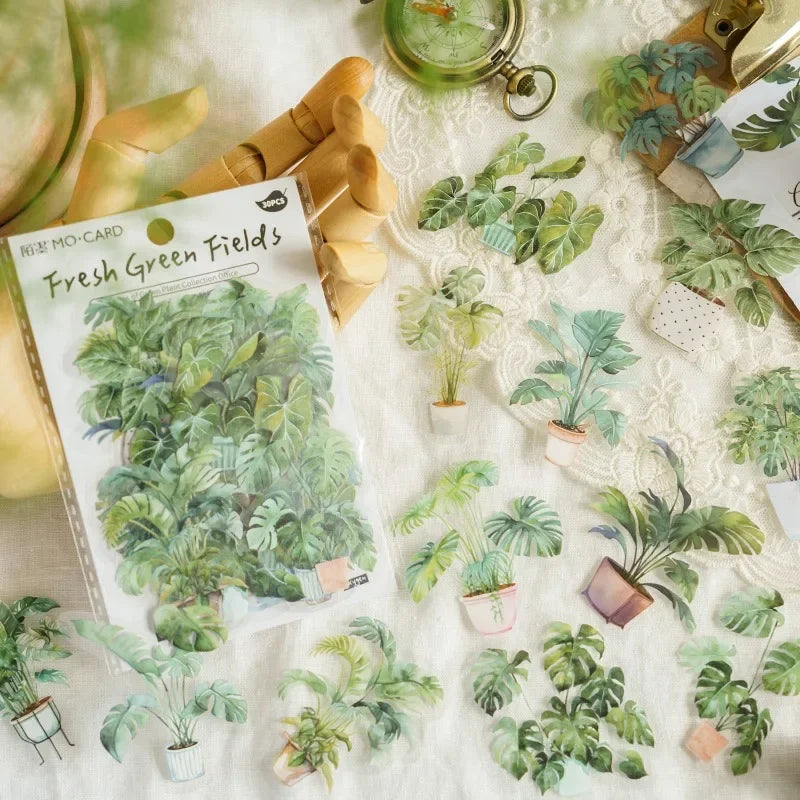 Stickers adhesivos de PET con diseño aesthetic de plantas en maceta y flores