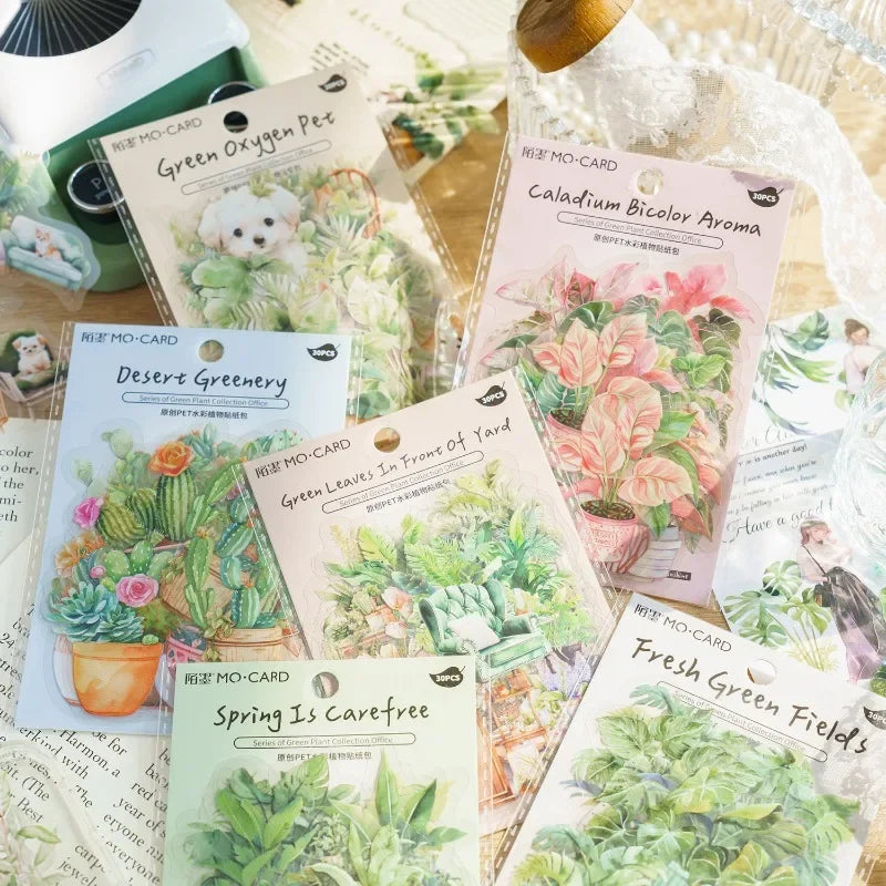 Stickers adhesivos de PET con diseño aesthetic de plantas en maceta y flores