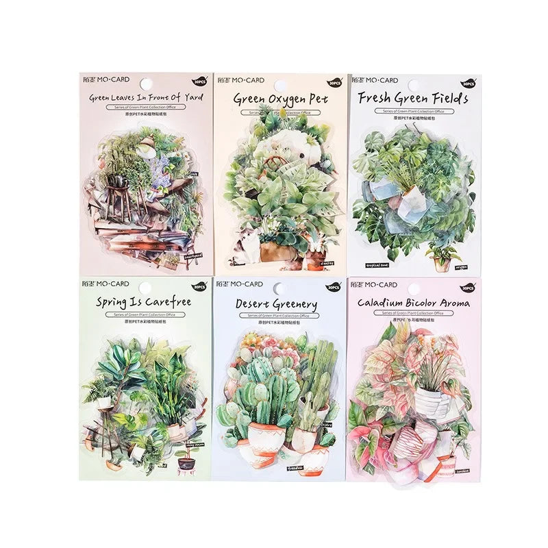 Stickers adhesivos de PET con diseño aesthetic de plantas en maceta y flores