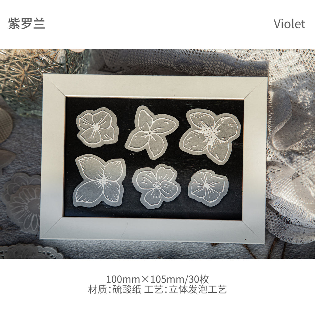 FLORES EN PAPEL VEGETAL CON RELIEVE EN BLANCO
