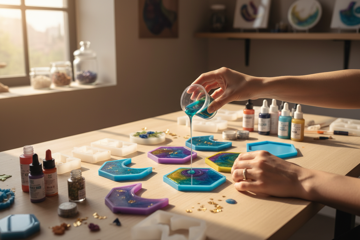 Creando con resina - manos trabajando