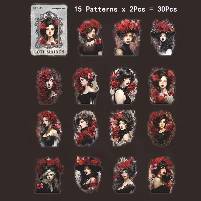 Stickers PET estilo gótico Goth Maiden (30 piezas)