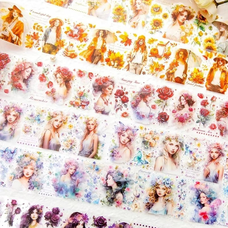 Washi tape PET floral con ilustraciones (65 mm x 3 m)