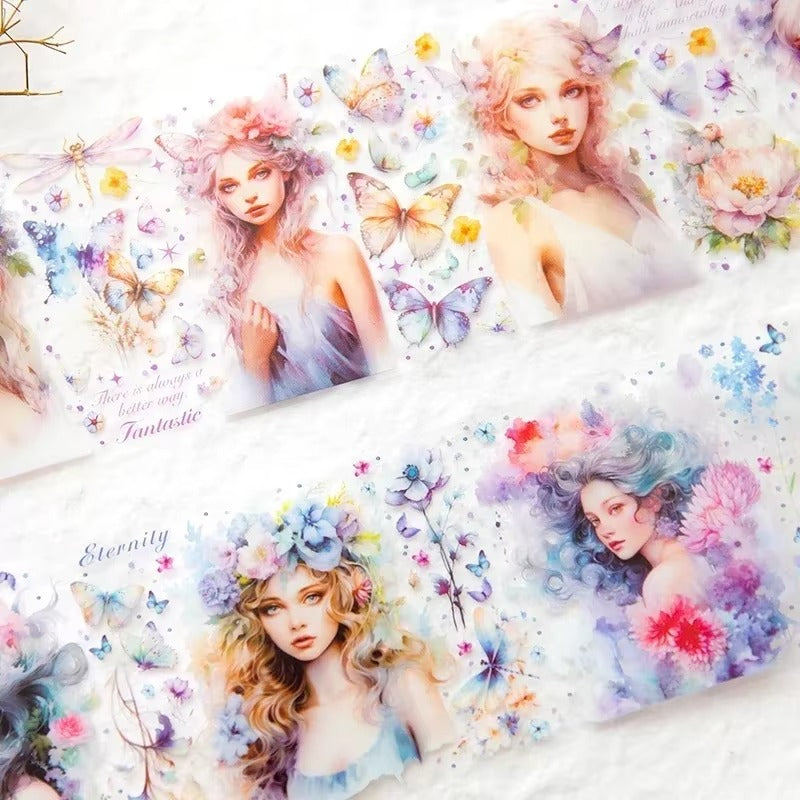 Washi tape PET floral con ilustraciones (65 mm x 3 m)