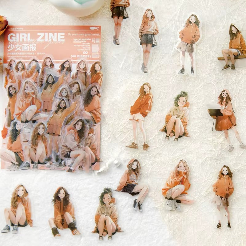 Stickers de chicas estilo ilustrado (PET, 40 piezas)