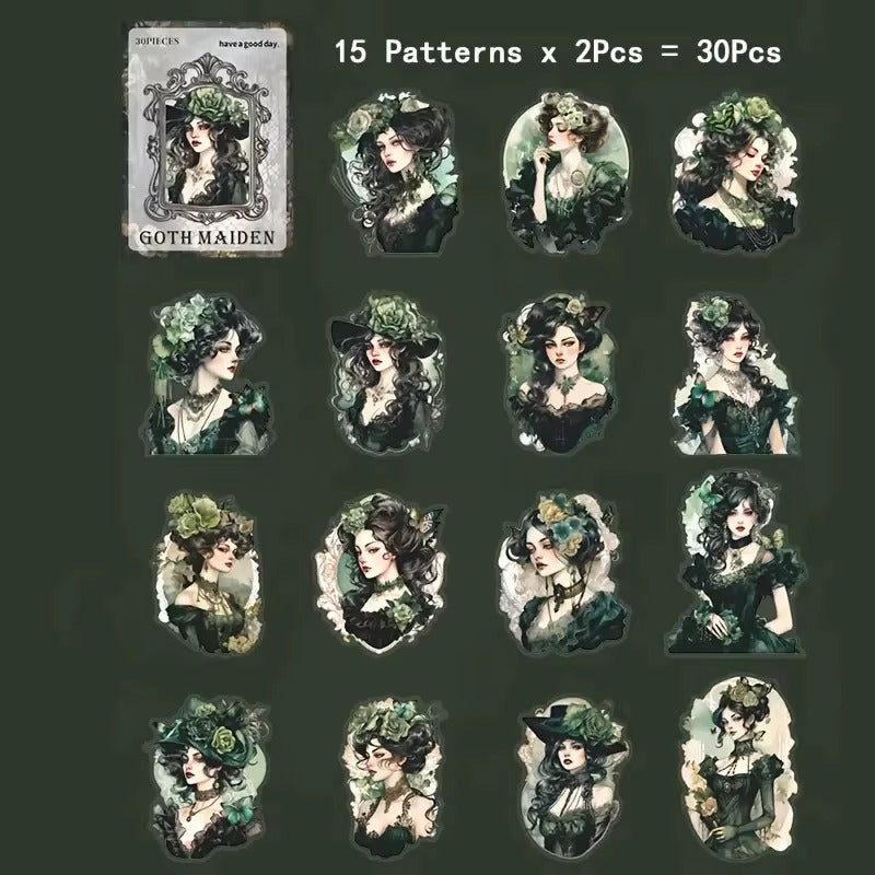 Stickers PET estilo gótico Goth Maiden (30 piezas)