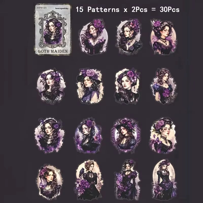 Stickers PET estilo gótico Goth Maiden (30 piezas)