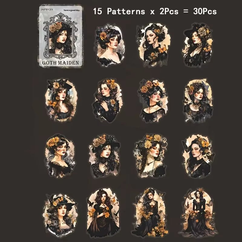 Stickers PET estilo gótico Goth Maiden (30 piezas)