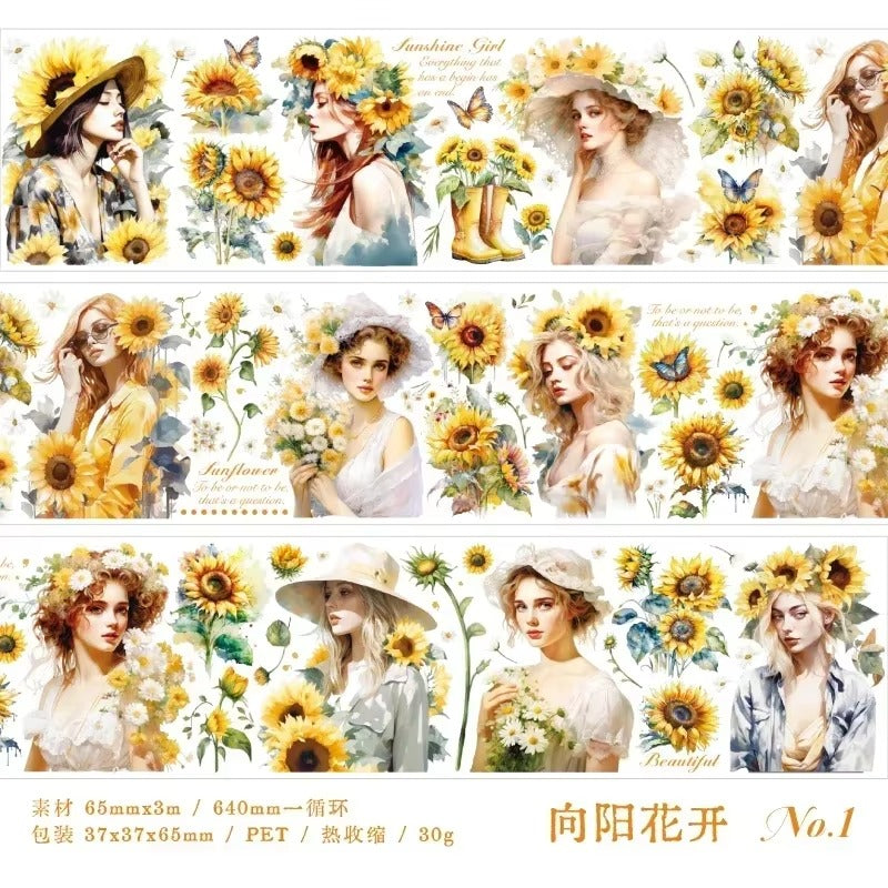 Washi tape PET floral con ilustraciones (65 mm x 3 m)