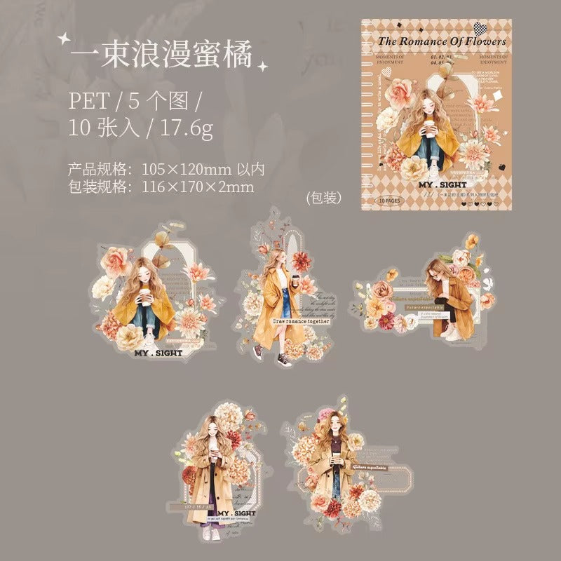 Stickers COFEE PET (The Romance of Flowers, 10 piezas)