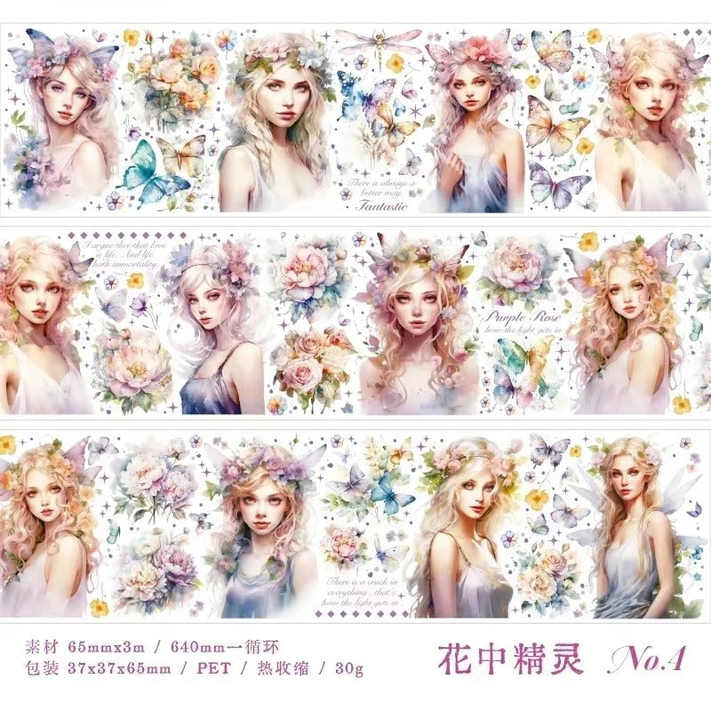 Washi tape PET floral con ilustraciones (65 mm x 3 m)