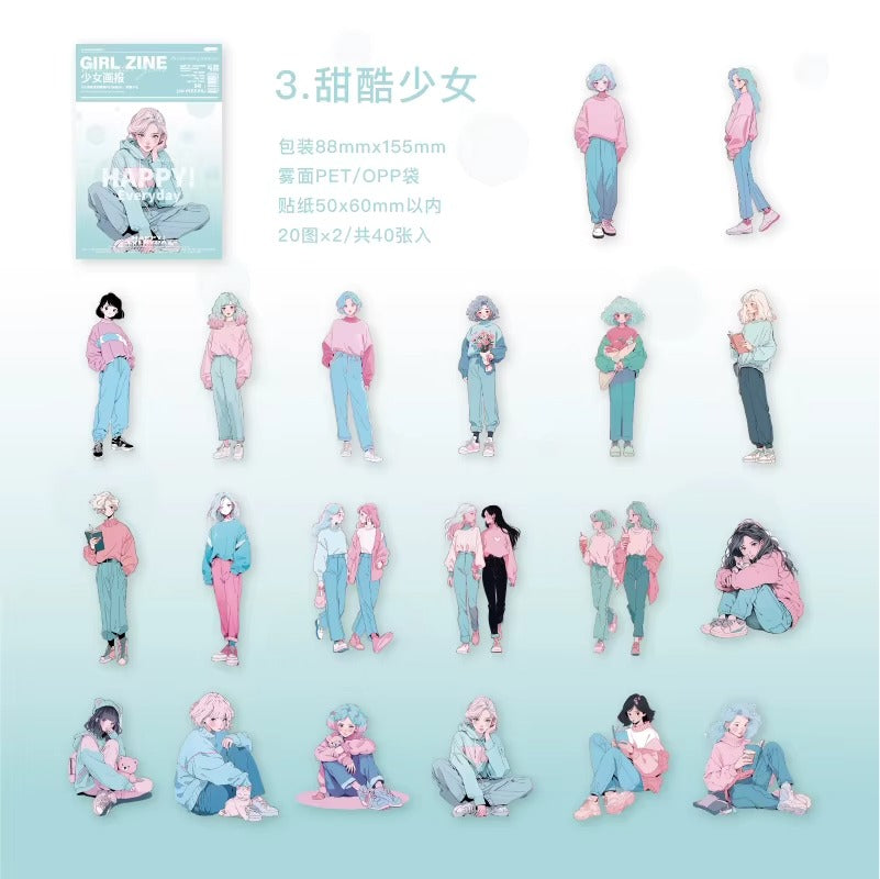 Stickers de chicas estilo ilustrado (PET, 40 piezas)